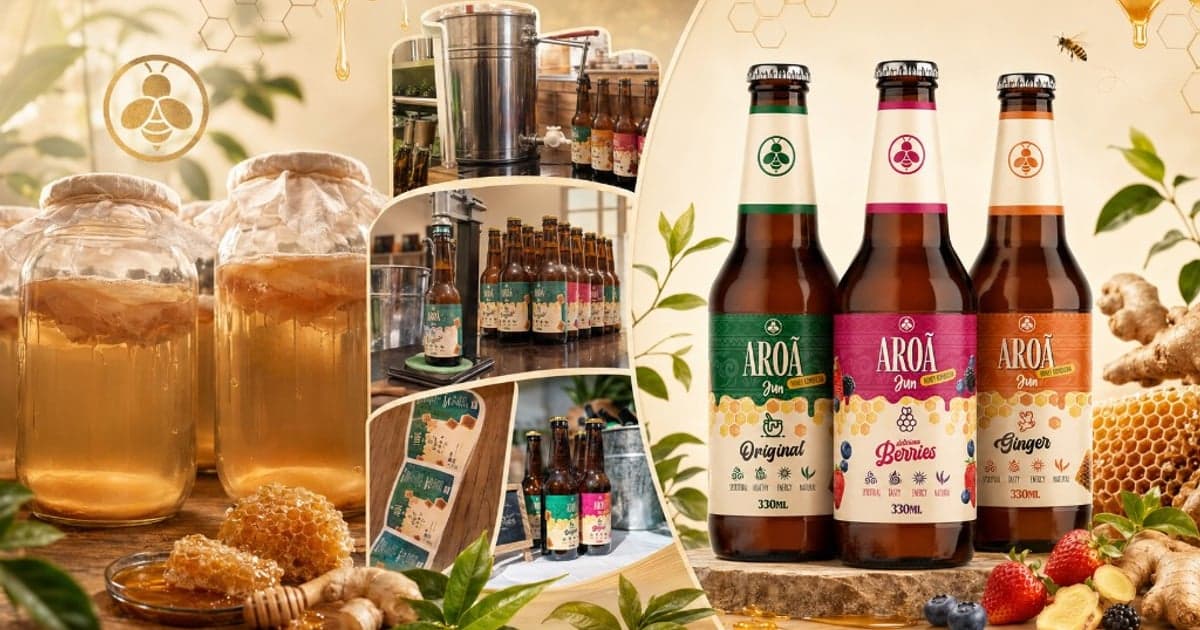 A bottle of Aroā Jun with green tea leaves and raw New Zealand honeycomb